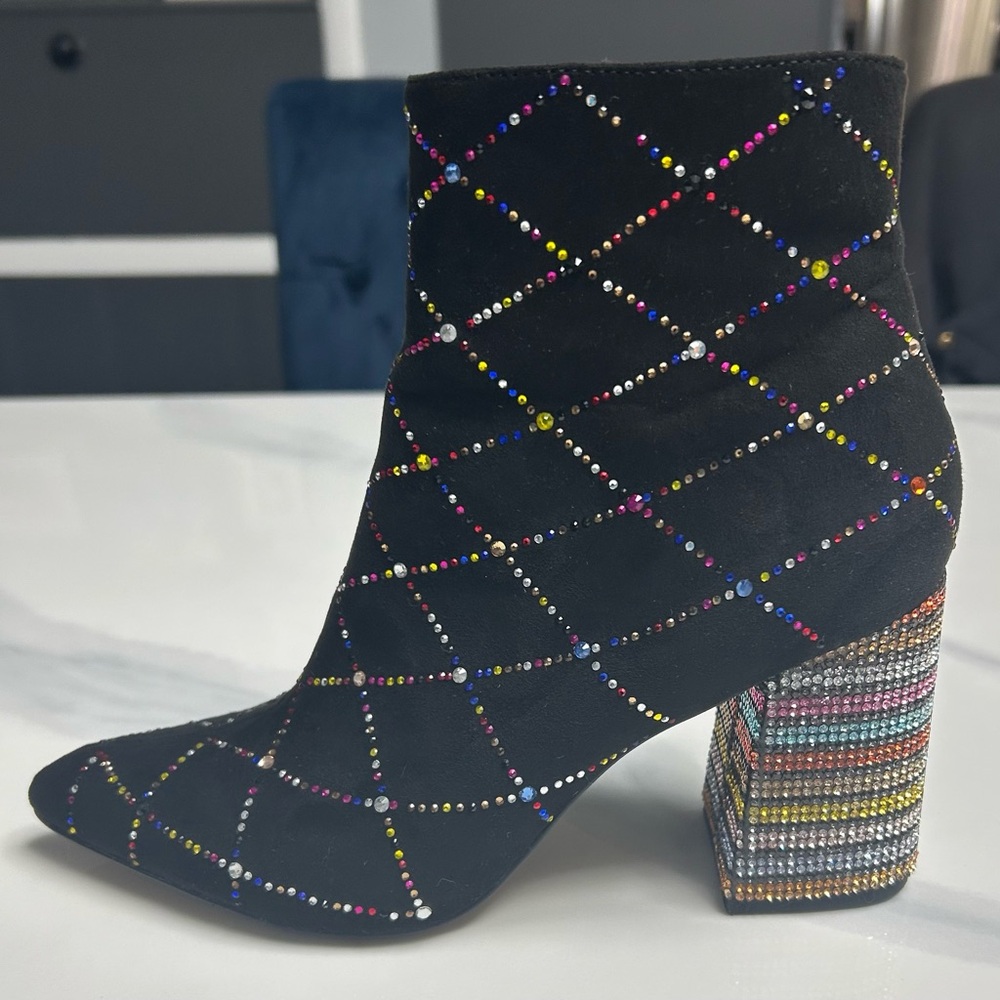 Betsey Johnson Black Ankle Boots with Multicolor Rhinestones